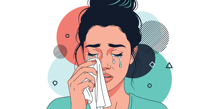 Portrait of heartbroken woman crying and wiping tears with tissue paper against colorful abstract geometric background elements.