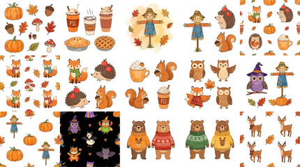 Handmade Watercolor Autumn Animal Vector Set Featuring Cute Woodland Forest Creatures Colorful Fallen Foliage and Fall Season Elements for Decorative Graphic Design and Festive Scrapbooking © tae