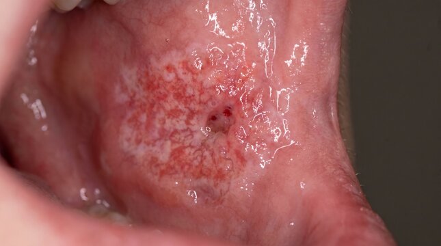 Oral mucosa lesion showing erythroplakia and leukoplakia patch on inner cheek buccal mucosa, macro clinical close up medical photography