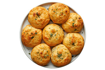 Fototapeta premium Savory cheese garlic biscuits with fresh herbs, baking as a homemade snack or appetizer, transparent background