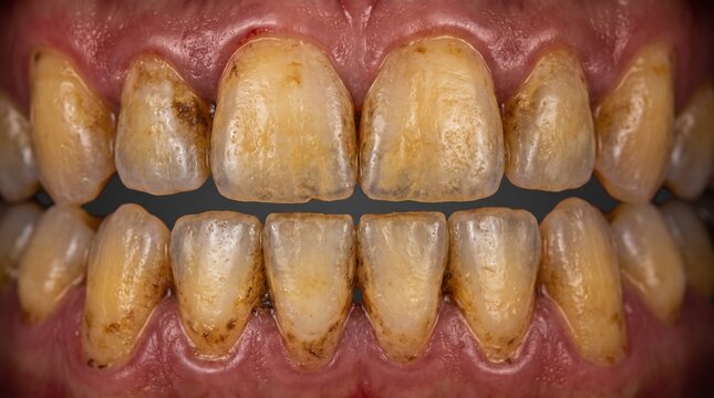 Stained yellow teeth close up, hyper detailed macro dental photography of upper and lower front teeth with brown enamel discoloration, visible plaque deposits and irritated gums