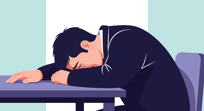 Businessman in formal suit lying his head on office table and crying due to stress, failure, or work-related depression.