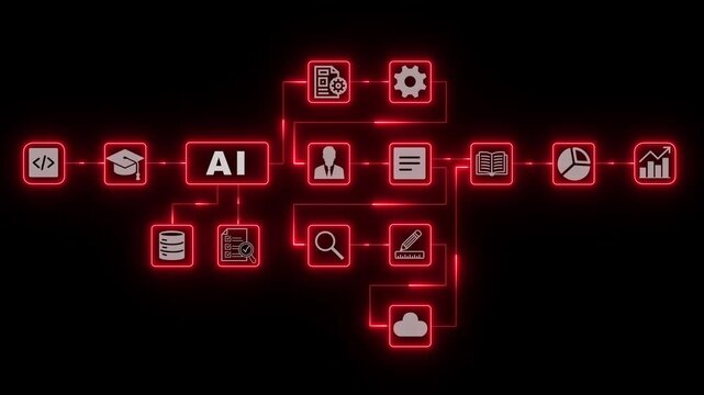 AI Technology Dashboard with Red Glowing Interface Icons on Dark Black Background Modern Digital Application Network Design