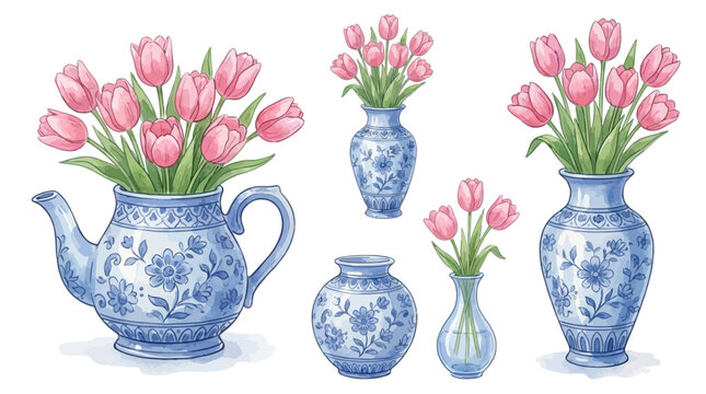 Watercolor Illustration of Elegant Pink Tulip Flowers Arranged in Ornate Blue Porcelain Vases and Vintage Teapot, Delicate Floral Clipart Collection