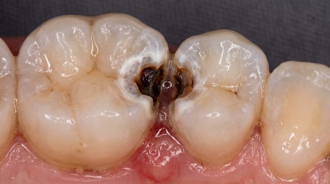 Interproximal cavity tooth decay between adjacent molars, extreme macro close up showing deep dental caries, enamel demineralization and inflamed gum tissue