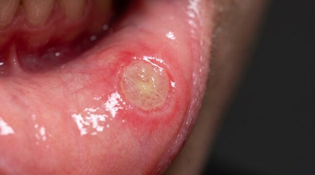 Mouth ulcer aphthous lesion on inner lower lip mucosa, macro close up showing inflamed oral ulcer with red halo and yellow white center, clinical medical photography