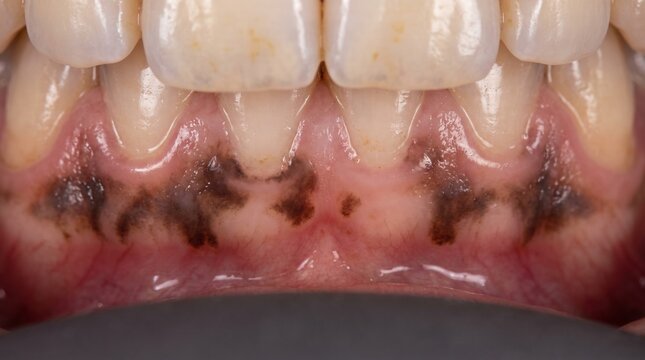 Gum pigmentation melanosis upper front gum tissue macro close up, dark brown black melanin patches along gingival margin with healthy pink gum and stained teeth
