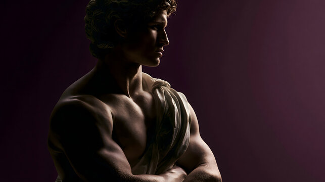 Classical Sculpture Profile: A chiseled male torso from a classical sculpture, depicted in profile against a rich, muted background, highlights the artistry and idealized form of ancient aesthetics.