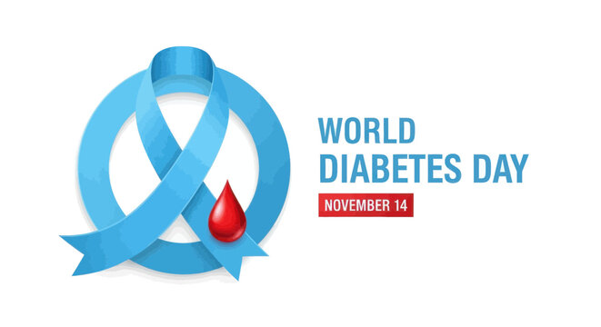 World diabetes day awareness graphic with blue ribbon and blood drop