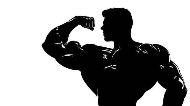 Powerful muscular man silhouette flexing bicep, showcasing strength and fitness against a clean white background. Bodybuilding concept.