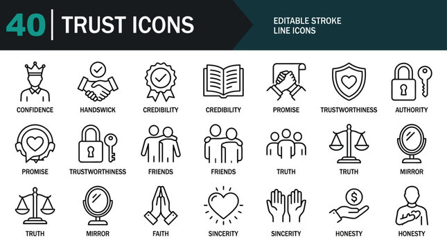 Trust Icon Set Featuring Symbols for Confidence, Credibility, Promise, Trustworthiness, Social Friendship, and Professional Illustration Design.