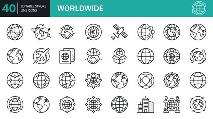 Comprehensive Collection of Global Network Icons and World Sphere Symbols Featuring Editable Stroke Lines for International Communication and Worldwide Connectivity Concepts © tae