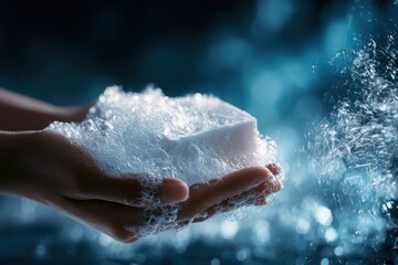 Fototapeta premium Hands lather soap with foam under blue light. Hygiene concept.