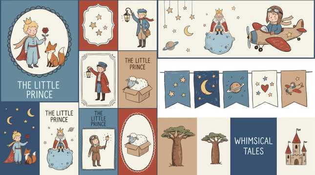 Charming Set of Ten Adorable Young Royalty Figures and Fantasy Protagonists from Classic Children's Legends Featuring Enchanting Storybook Art Style with Magical Crown Details and Fairy Tale Magic