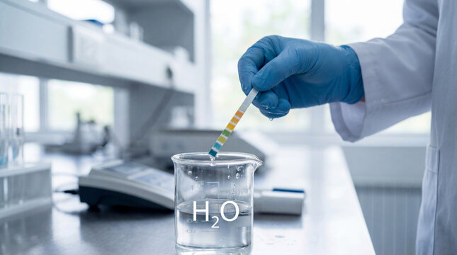 Ph Test of Water in Laboratory Beaker with H2o Formula