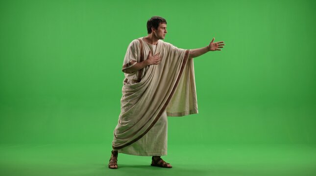 Expressive historical theatre actor wearing an authentic ancient Greek toga tunic drape vestment gesturing dramatically with arm outstretched during a live simulation performance on a green screen sta