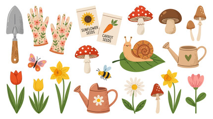 Whimsical Spring Garden Illustration Set Featuring Gardening Trowel, Protective Glove, Flower Seed, Forest Mushroom, and a Tiny Snail for Seasonal Nature Themed Clipart Collection © tae
