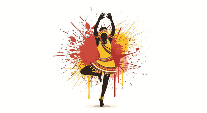 Silhouette of an African woman dancing in traditional yellow dress and headband with vibrant red and orange paint splatters, isolated on white background, ethnic folk dance vector.