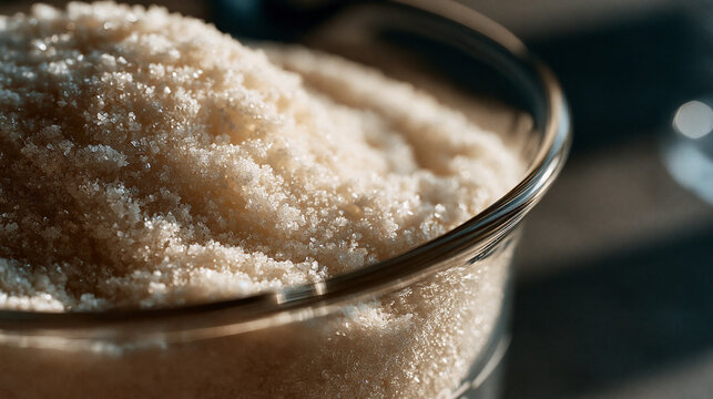 Close up single object detail of creatine monohydrate powder in graduated laboratory glass under minimalist studio lighting, fine crystalline texture catching cool directional