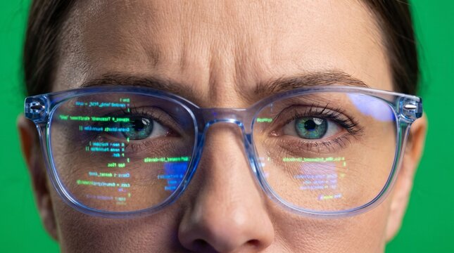 Extreme macro close up of a focused person eye wearing blue frame glasses with digital virtual computer data tracking matrix codes reflecting on the lens surface against a soft studio backdrop.