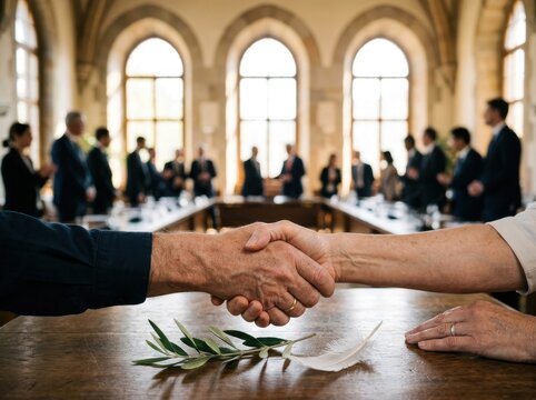 Close-up of a handshake over an olive branch and feather on a wooden table, representing international peace negotiations, diplomatic agreement, and reconciliation between nations