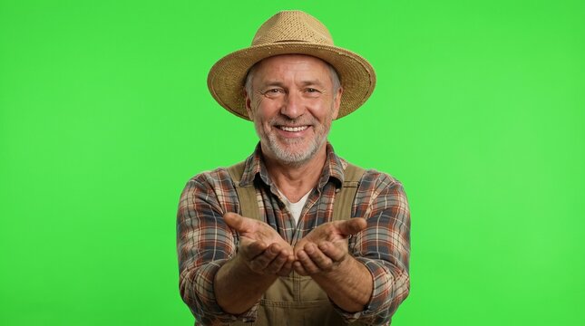 Cheerful mature gardener or country farmer wearing a straw hat standing and holding his open hands out with a warm welcoming smile under studio lights against a clean solid green screen background lay