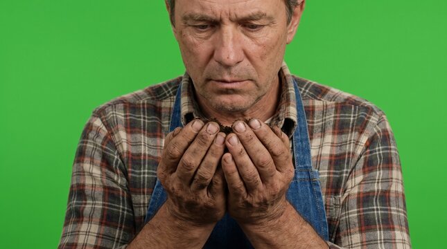 Focused mature farmer or agronomist holding a handful of rich organic dark soil in his cupped hands while looking down against a professional green screen chroma key studio background representing agr