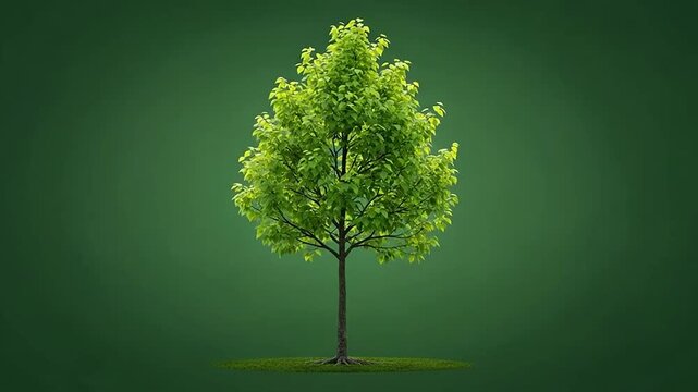 Vibrant green deciduous tree on dark green studio background