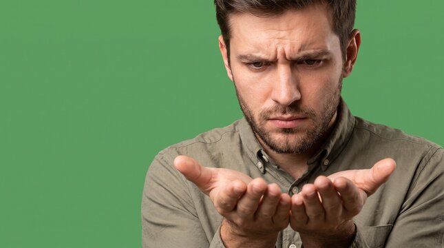 Thoughtful young man in a casual green shirt looking down intensely into his open palm with a puzzled expression against a professional green screen chroma key backdrop representing choice, problem so