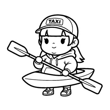 Cartoon girl paddling a kayak with oar and cap.