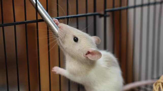 cute white and gray decorative rat dumbo drinks water from a drinking bowl. life of decorative rats, care and leisure. happy animals