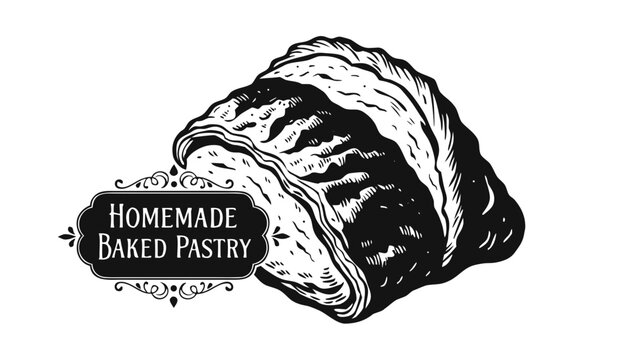 Very beautiful black and white realistic vector illustration of a homemade baked pastry featuring a bold label reading "HOMEMADE BAKED PASTRY", golden flaky crust, artisan bakery styling, crisp layere