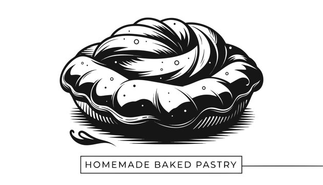 Very beautiful black and white realistic vector illustration of a homemade baked pastry featuring a bold label reading "HOMEMADE BAKED PASTRY", golden flaky crust, artisan bakery styling, crisp layere