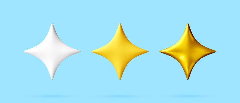 Three 3D star icons in white, yellow and gold colors. Glossy shiny glitter spark decorations for UI design element. Minimalist web graphic symbol for rating, quality or success.