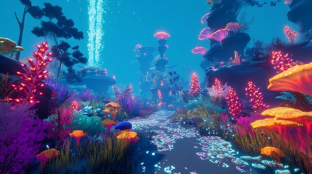 Glowing underwater path, vibrant alien flora, fantasy landscape, game background