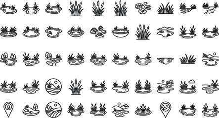 Fototapeta premium Pond and Wetland Nature Line Icon Set with Water Lilies Reeds Cattails Frogs Fountains and Lake Landscape Elements VectorPond and Wetland Nature Line Icon Set with Water Lilies Reeds Cattails Frogs Fo