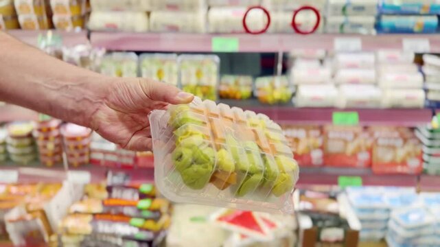 Male Hand Holding a Pack of Colorful Ravioli or Dumplings Made from Colored Dough in Front of a Supermarket Refrigerated Display