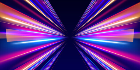 Fototapeta premium Abstract laser light trails sweep across futuristic darkness with glowing optical effects and radiant highlights. Dynamic movement creates depth and energy. A stylish technology illustration.