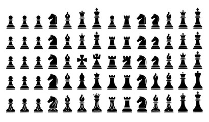 Black and White Chess Pieces Silhouette Vector Set Pawn Rook Knight Bishop Queen King © MD