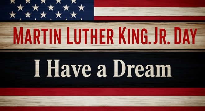 Martin Luther King Jr Day banner with American flag background and I Have a Dream text