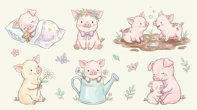Watercolor adorable piglet character collection for children nursery decor, charming baby farm animal clipart set featuring sweet pink pigs in soft pastel hand-painted artistic style.