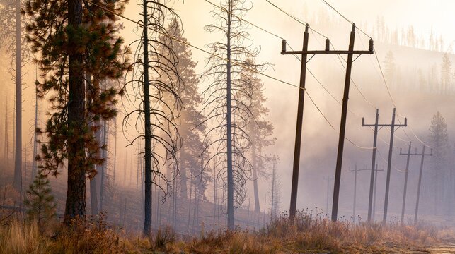 Power lines near trees in natural landscape, dangerous electrical infrastructure condition creating wildfire risk, utility cables surrounded by vegetation showing environmental safety concerns