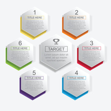 6 step Hexagon to target infographic. Number timeline. Business data chart, investment goal, marketing challenge, strategy presentation, achievement diagram. vector template