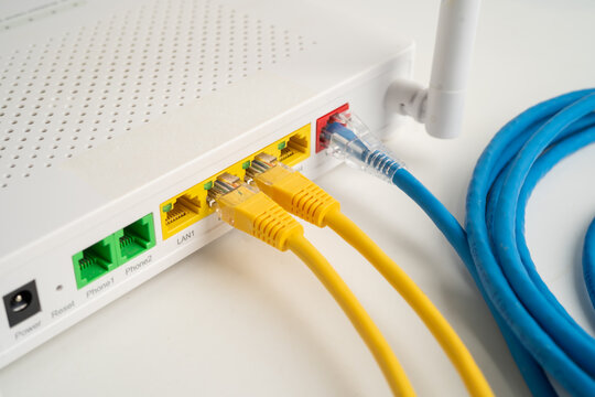 Ethernet cable with wireless router connect to internet service provider network.
