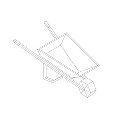 Obraz premium Black and white contour drawing of a low poly wheelbarrow with detailed handles and visible wheel on clean white background. Isometric view
