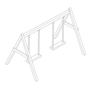 Wooden swing set with curved poles and a light frame on a white background, featuring a low poly contour style for children. Isometric view