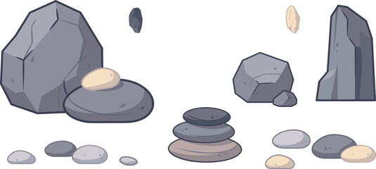 Cartoon Stone and Rock Vector Element Set Featuring Boulder Formations Stacked Zen Pebbles and Mineral Fragments for Video Game Environment Interface Designs © Miss