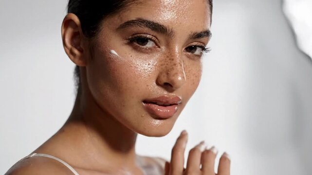 Fresh freckled woman applying face cream in a bright studio close-up portrait.