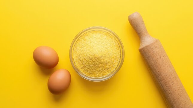 Top view of raw cornmeal in a glass bowl with two brown eggs and a wooden rolling pin on a bright yellow background
