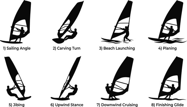 Collection of Windsurfing Silhouettes Isolated on White Background for Water Sports and Sailing Design Projects